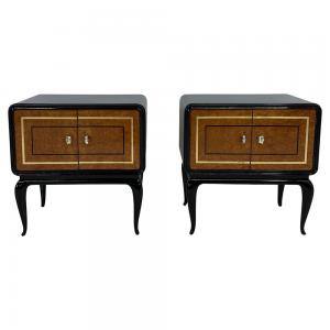 Coppia di Comodini Art Deco in Radica di Acero, Foglia Oro e Ottone, 1940s